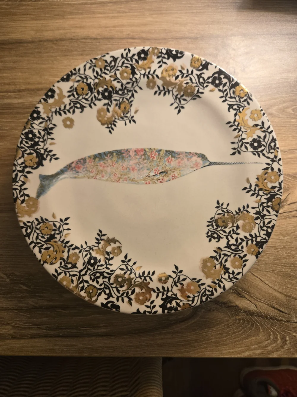 Anthropologie Floral Narwhal Plate in Blue, Gold, Black, Cream